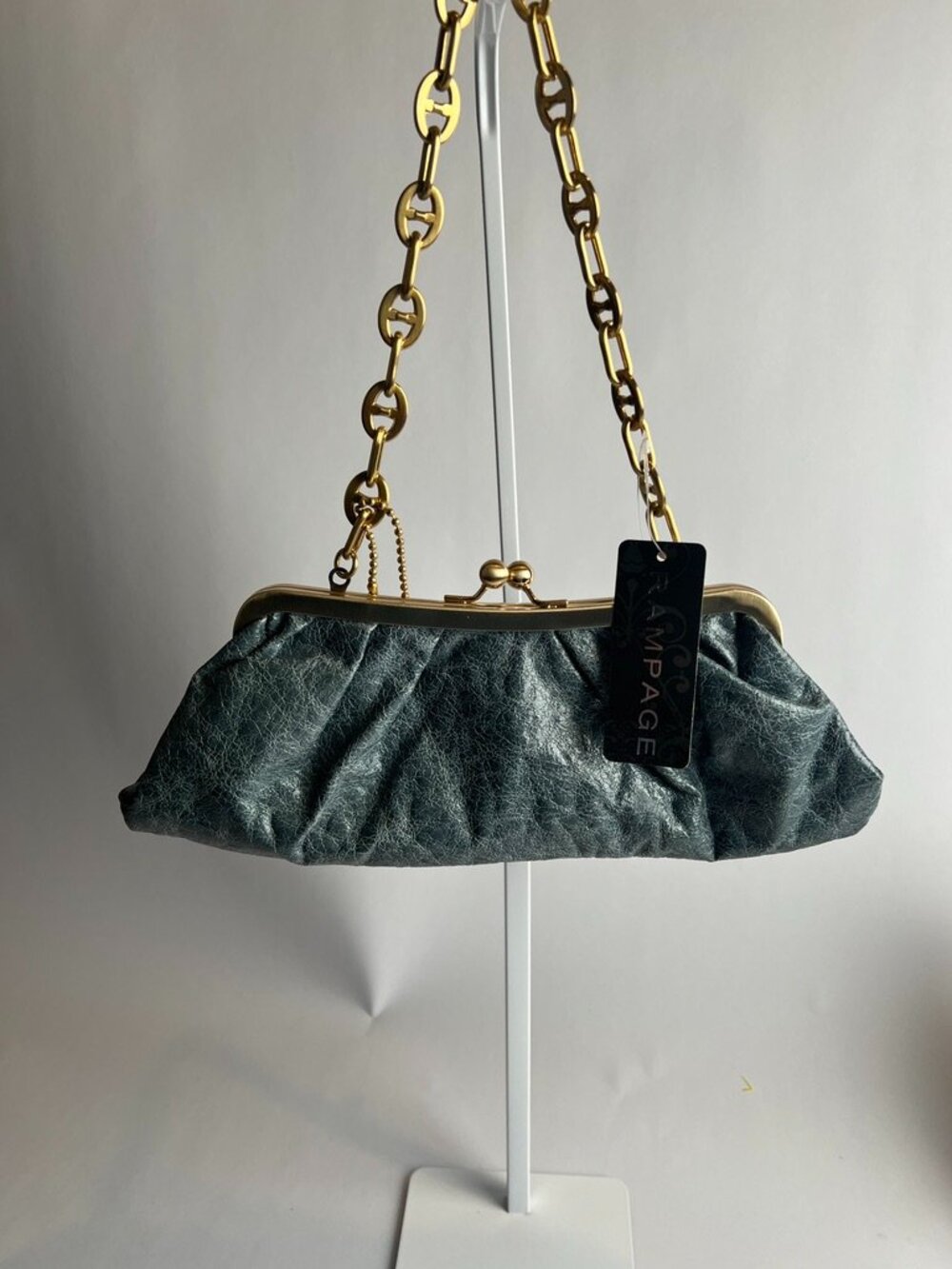 Rampage Muse Kiss Lock Clutch Chain Shoulder Bag Blue Gray NWT